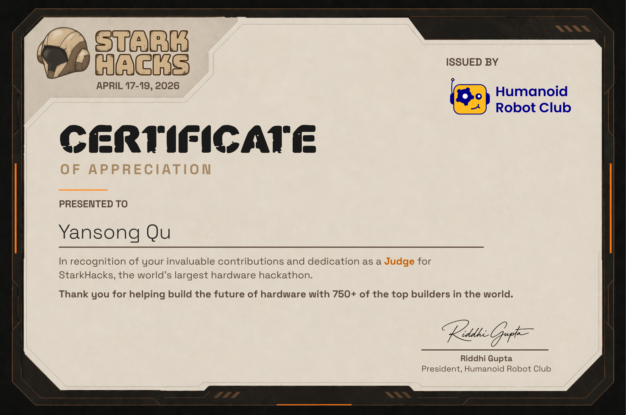 StarkHacks Judge Certificate